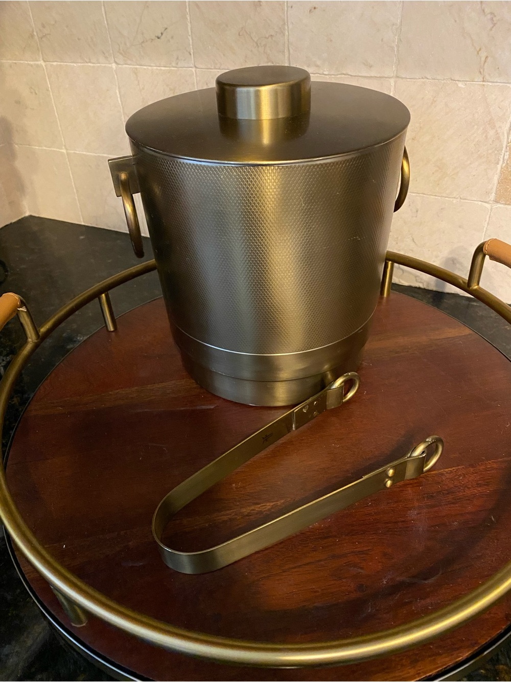 Crate&Barrel Metallic Gold Ice Bucket with Tongs